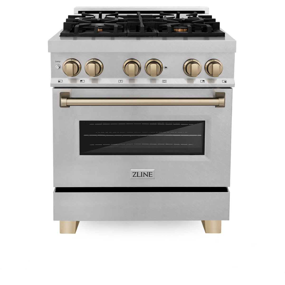 ZLINE Autograph Edition 30 in. 4.0 cu. ft. Legacy Dual Fuel Range with 4 Burner Gas Cooktop and Electric Convection Oven in Satin Stainless Steel and Champagne Bronze Accents (RASZ-SN-30-CB)