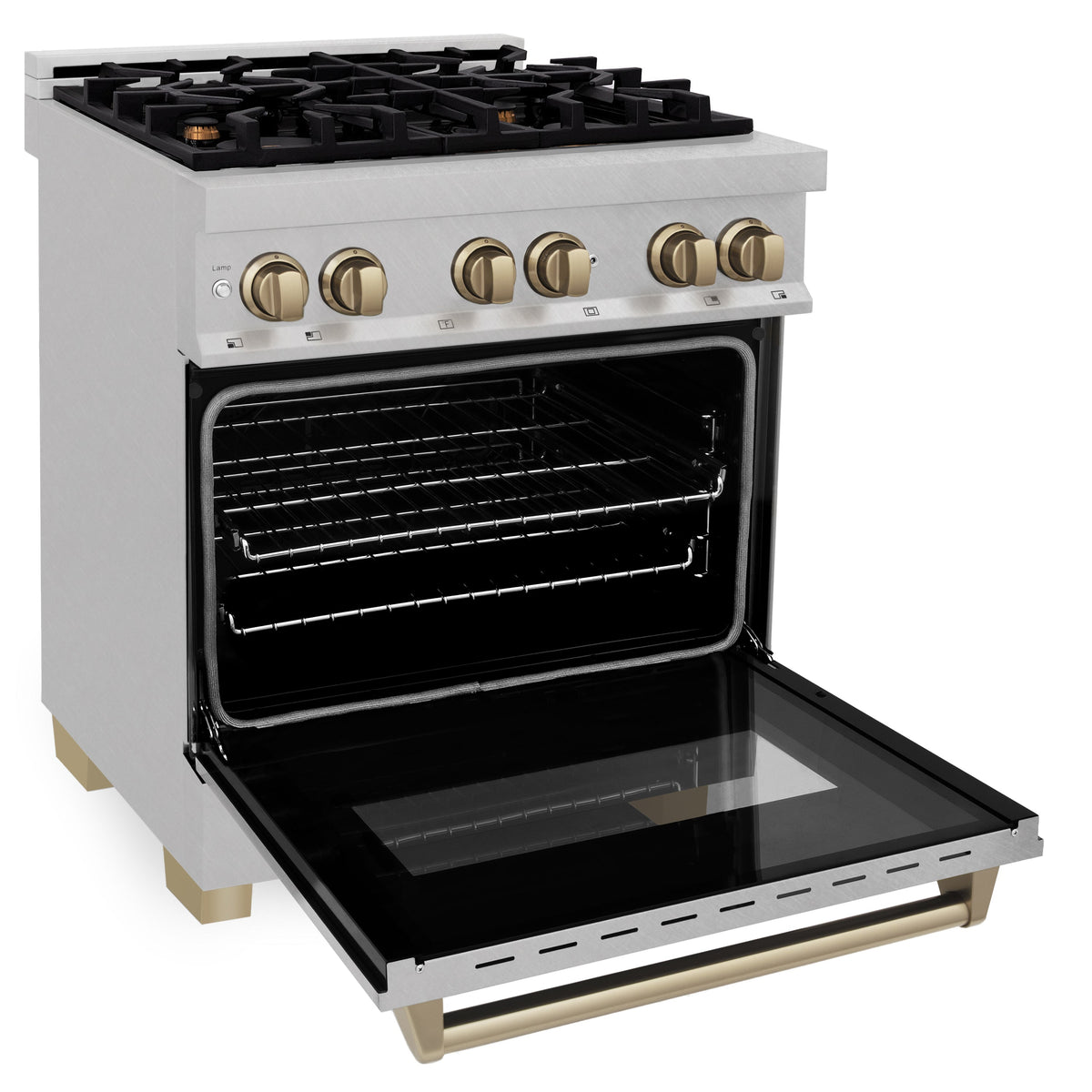 ZLINE Autograph Edition 30 in. 4.0 cu. ft. Legacy Dual Fuel Range with 4 Burner Gas Cooktop and Electric Convection Oven in Satin Stainless Steel and Champagne Bronze Accents (RASZ-SN-30-CB)