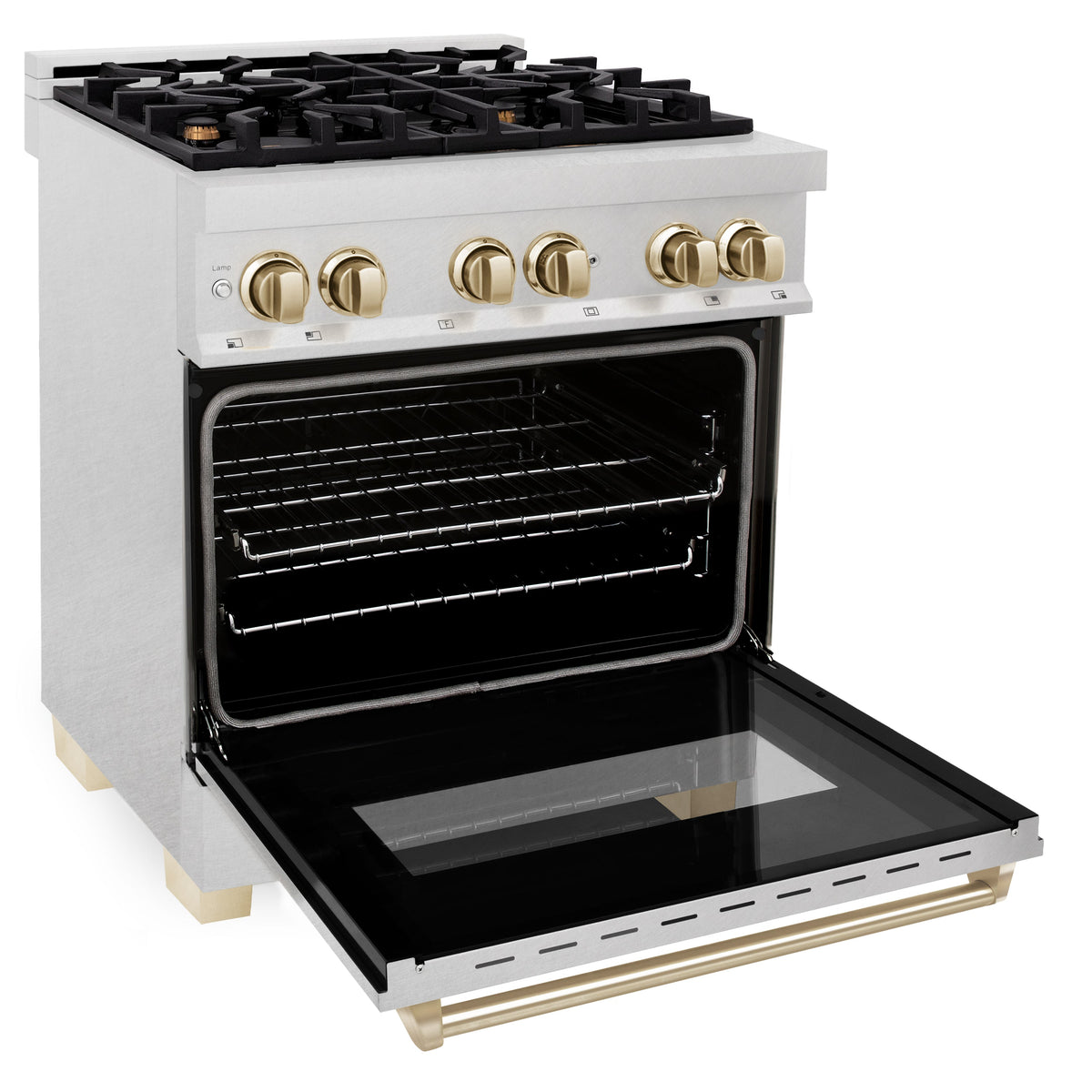 ZLINE Autograph Edition 30 in. 4.0 cu. ft. Legacy Dual Fuel Range with 4 Burner Gas Cooktop and Electric Convection Oven in Satin Stainless Steel and Polished Gold Accents (RASZ-SN-30-G)