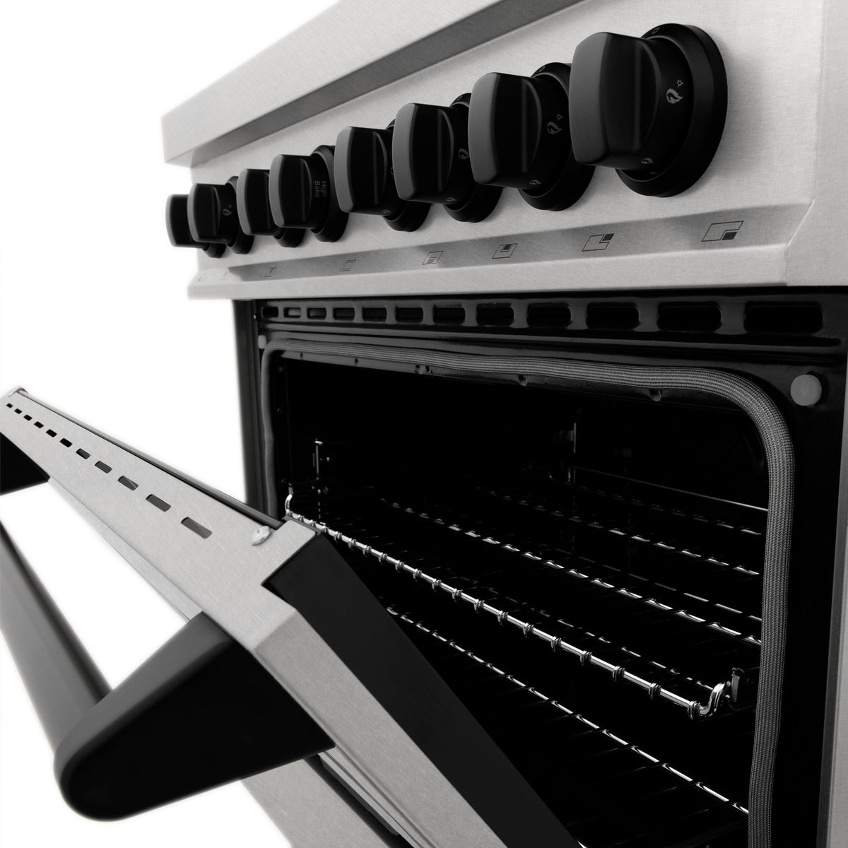 ZLINE Autograph Edition 30 in. 4.0 cu. ft. Legacy Dual Fuel Range with 4 Burner Gas Cooktop and Electric Convection Oven in Satin Stainless Steel and Matte Black Accents (RASZ-SN-30-MB)