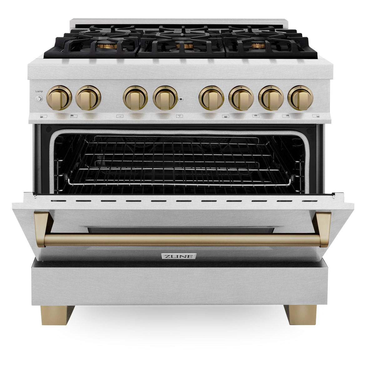 ZLINE Autograph Edition 36 in. 4.6 cu. ft. Legacy Dual Fuel Range with 6 Burner Gas Cooktop and Electric Convection Oven in Satin Stainless Steel and Champagne Bronze Accents (RASZ-SN-36-CB)
