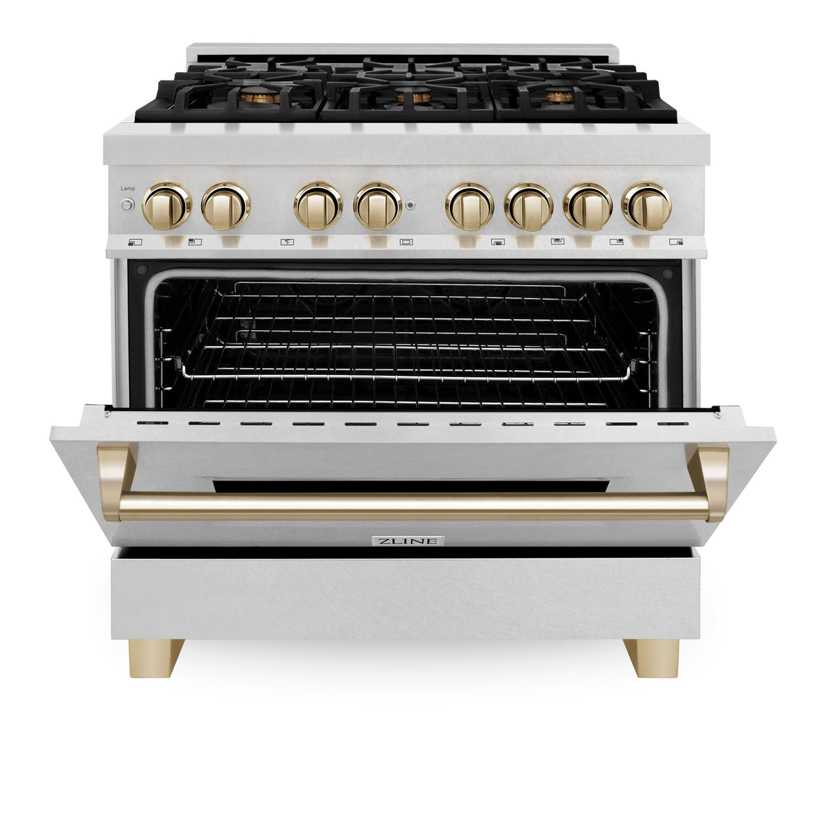ZLINE Autograph Edition 36 in. 4.6 cu. ft. Legacy Dual Fuel Range with 6 Burner Gas Cooktop and Electric Convection Oven in Satin Stainless Steel and Polished Gold Accents (RASZ-SN-36-G)