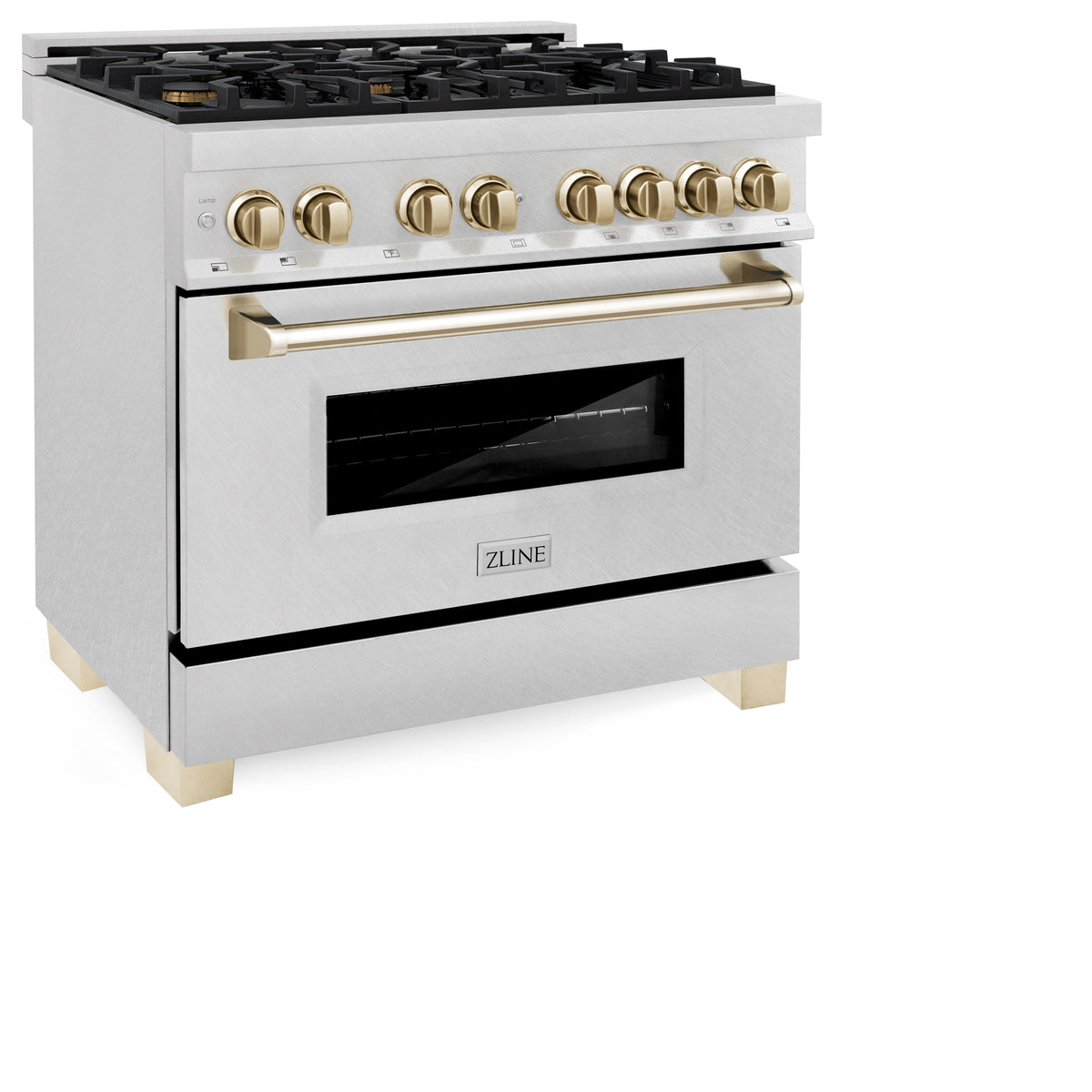 ZLINE Autograph Edition 36 in. 4.6 cu. ft. Legacy Dual Fuel Range with 6 Burner Gas Cooktop and Electric Convection Oven in Satin Stainless Steel and Polished Gold Accents (RASZ-SN-36-G)