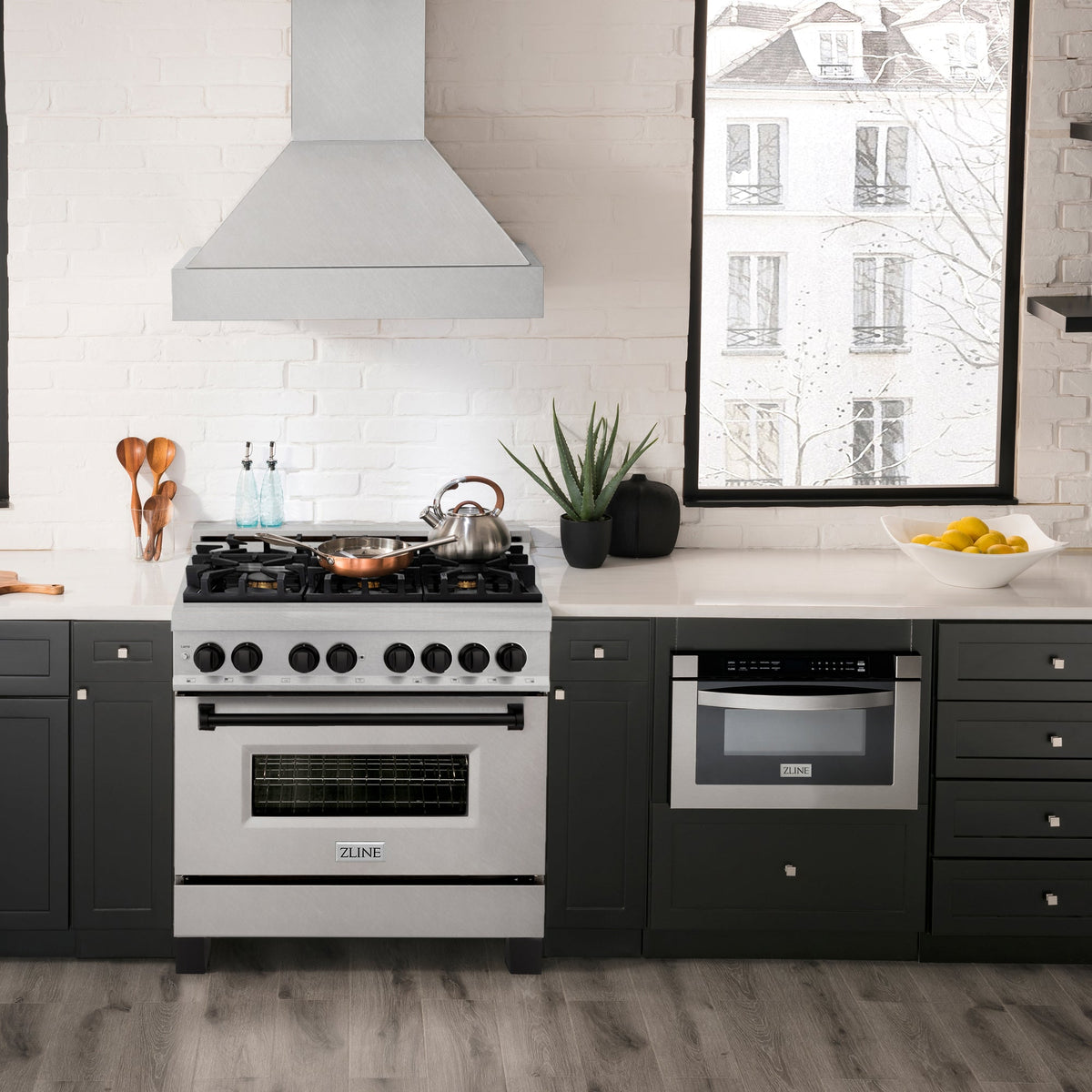 ZLINE Autograph Edition 36 in. 4.6 cu. ft. Legacy Dual Fuel Range with 6 Burner Gas Cooktop and Electric Convection Oven in Satin Stainless Steel and Matte Black Accents (RASZ-SN-36-MB)