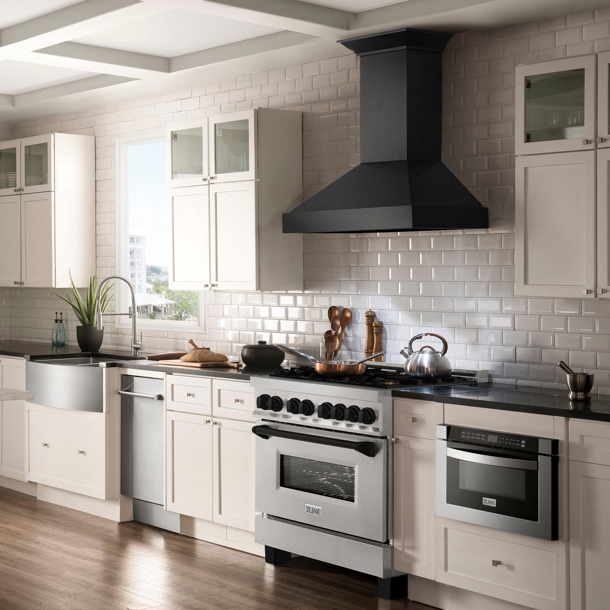 ZLINE Autograph Edition 36 in. 4.6 cu. ft. Legacy Dual Fuel Range with 6 Burner Gas Cooktop and Electric Convection Oven in Satin Stainless Steel and Matte Black Accents (RASZ-SN-36-MB)