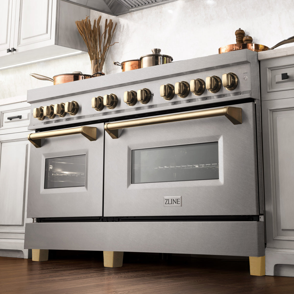 ZLINE Autograph Edition 60 in. 7.4 cu. ft. Legacy Dual Fuel Range with 9 Burner Gas Cooktop and 2 Electric Convection Ovens in Satin Stainless Steel and Polished Gold Accents (RASZ-SN-60-G)