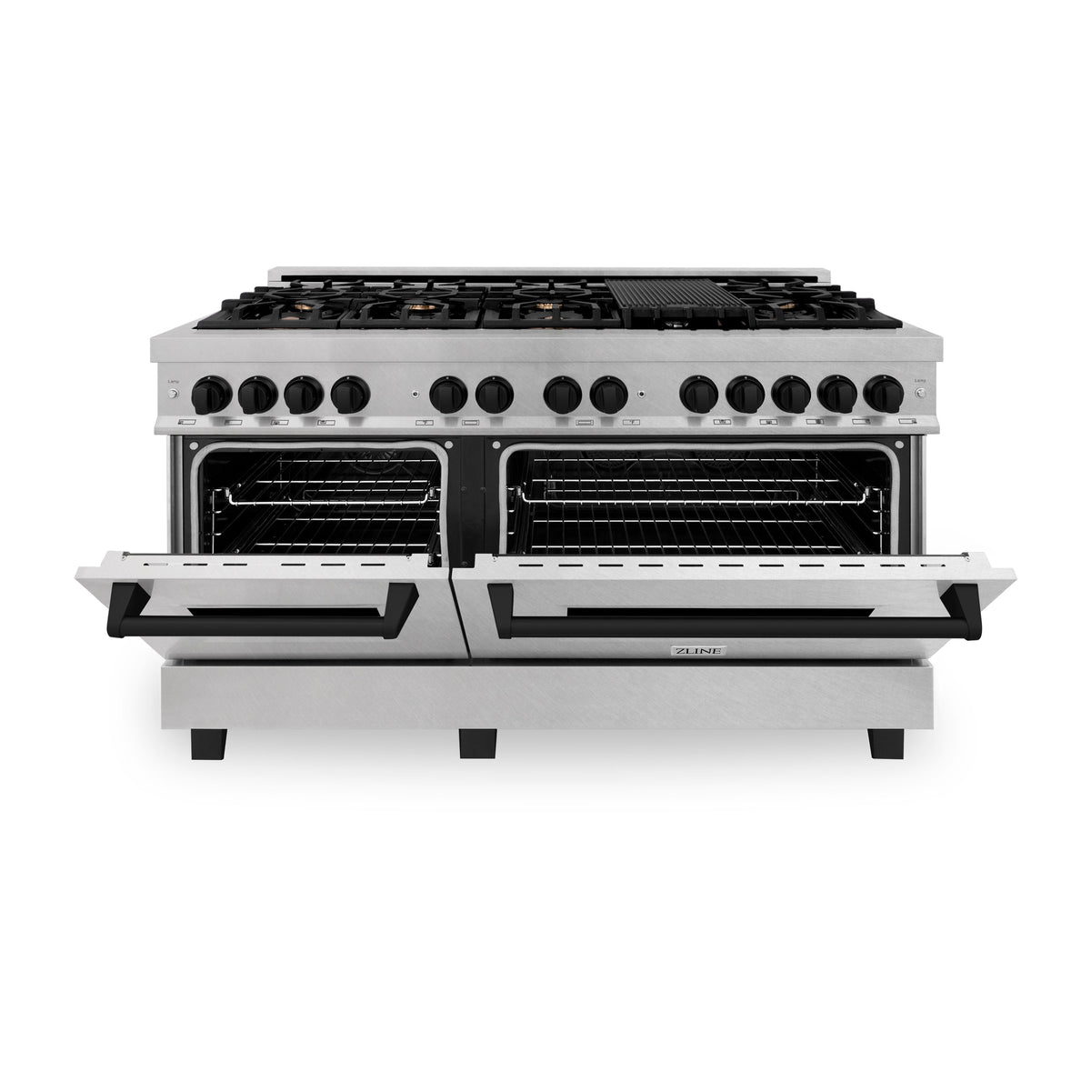 ZLINE Autograph Edition 60 in. 7.4 cu. ft. Legacy Dual Fuel Range with 9 Burner Gas Cooktop and 2 Electric Convection Ovens in Satin Stainless Steel and Matte Black Accents (RASZ-SN-60-MB)