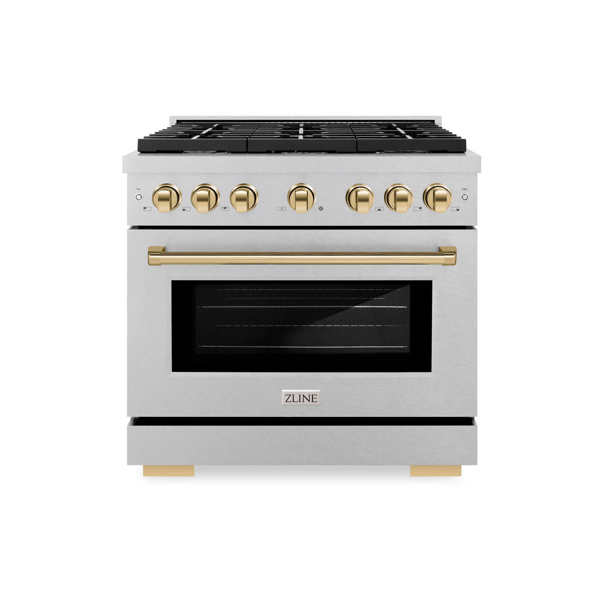 ZLINE Autograph Edition 36 in. 5.2 cu. ft. Paramount Dual Fuel Range with 6 Burner Gas Cooktop and Electric Convection Oven in Satin Stainless Steel with Polished Gold Accents (SDRSZ-36-G)