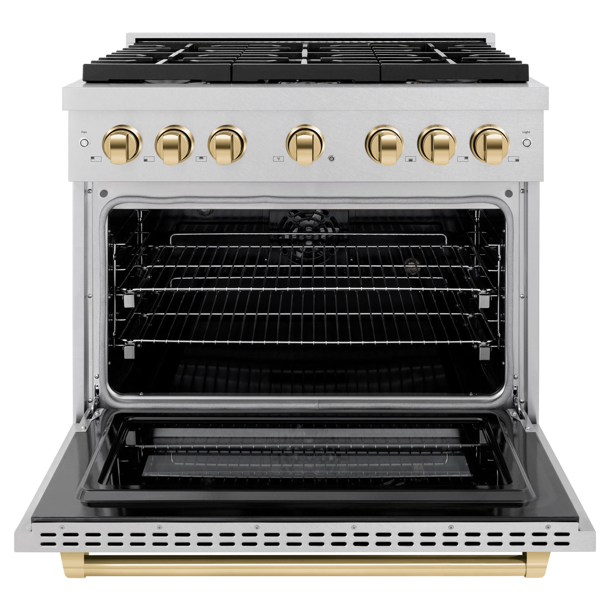 ZLINE Autograph Edition 36 in. 5.2 cu. ft. Paramount Dual Fuel Range with 6 Burner Gas Cooktop and Electric Convection Oven in Satin Stainless Steel with Polished Gold Accents (SDRSZ-36-G)