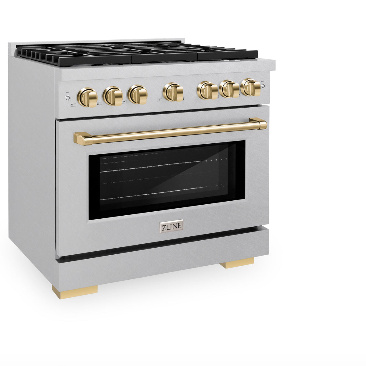 ZLINE Autograph Edition 36 in. 5.2 cu. ft. Paramount Dual Fuel Range with 6 Burner Gas Cooktop and Electric Convection Oven in Satin Stainless Steel with Polished Gold Accents (SDRSZ-36-G)