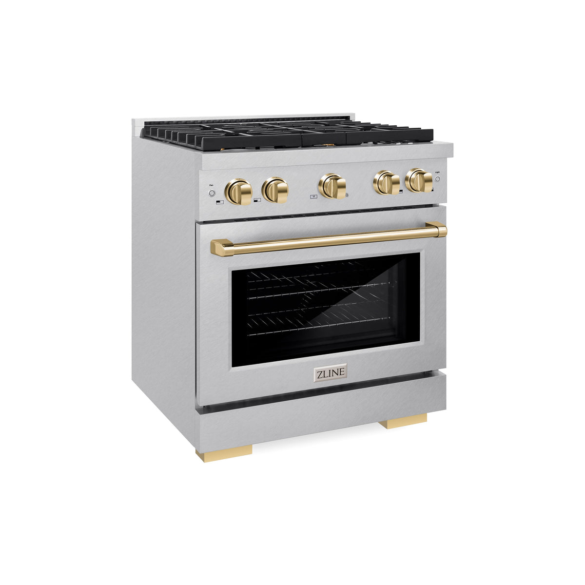 ZLINE Autograph Edition 30 in. 4.2 cu. ft. Paramount Gas Range with 4 Burner Cooktop and Convection Gas Oven in Satin Stainless Steel and Polished Gold Accents (SGRSZ-30-G)