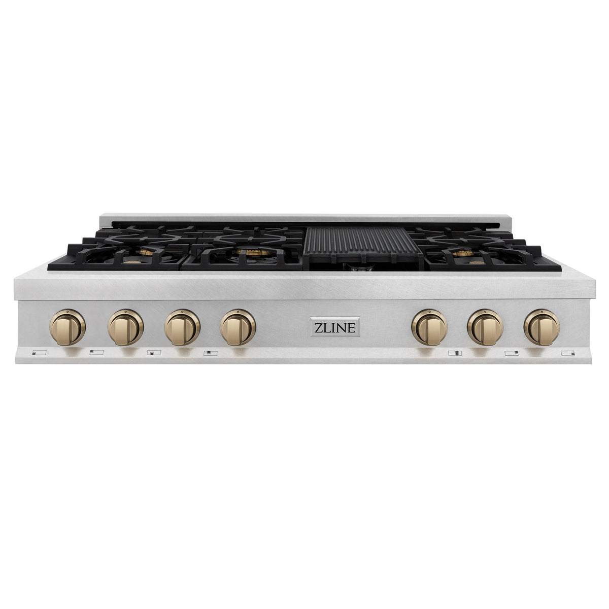 ZLINE Autograph Edition 48 in. Legacy Gas Rangetop with 7 Burners and Porcelain Cooktop in Satin Stainless Steel with Champagne Bronze Accents (RTSZ-48-CB)