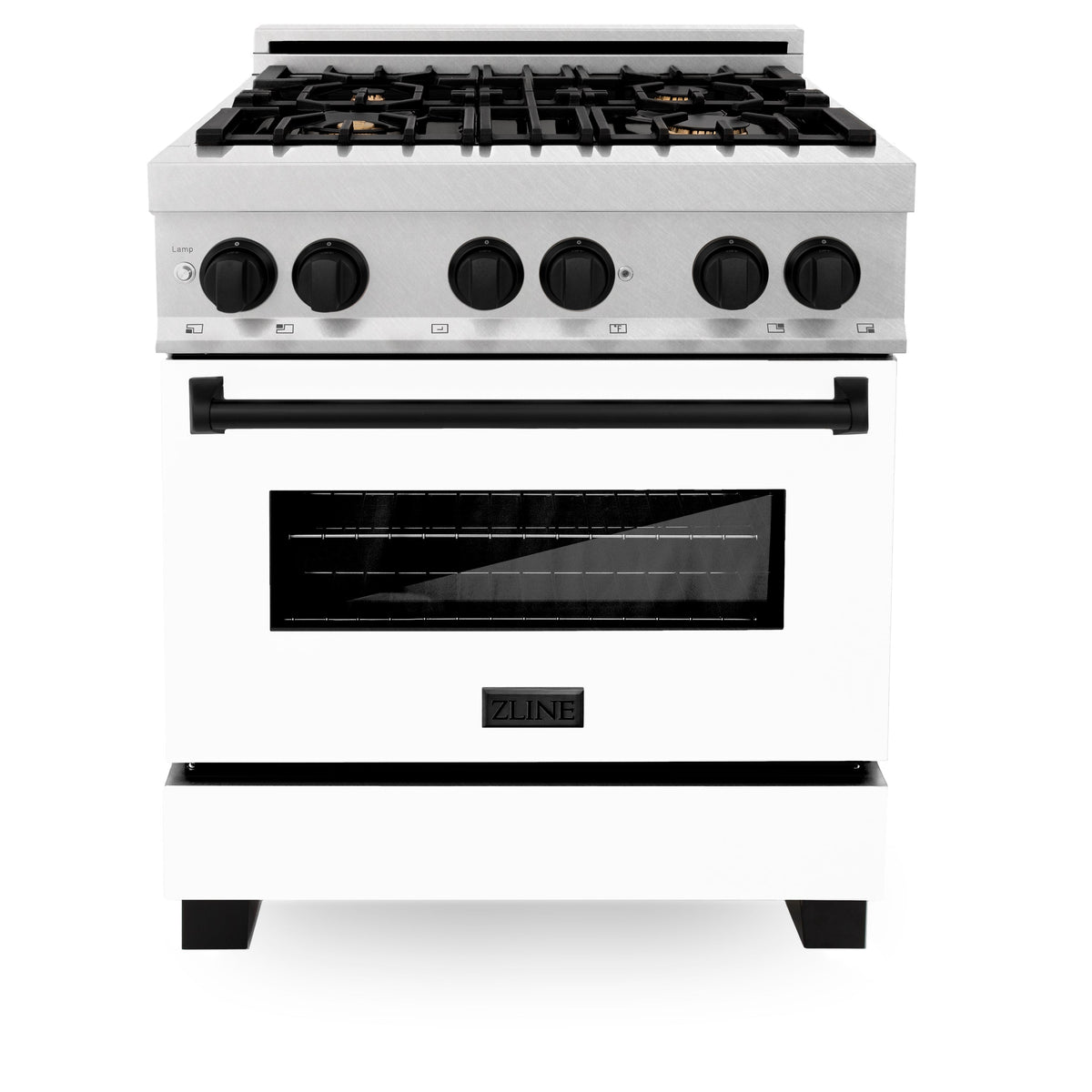 ZLINE Autograph Edition 30 in. 4.0 cu. ft. Legacy Dual Fuel Range with 4 Burner Gas Cooktop and Electric Convection Oven in Satin Stainless Steel with White Matte Door and Matte Black Accents (RASZ-WM-30-MB)
