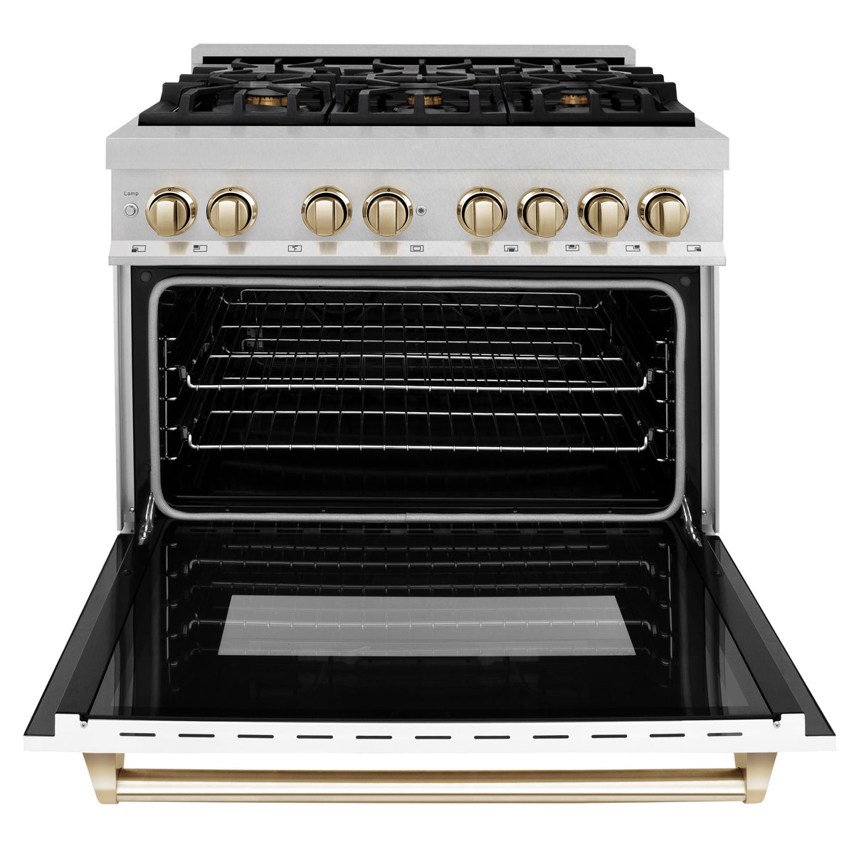 ZLINE Autograph Edition 36 in. 4.6 cu. ft. Legacy Dual Fuel Range with 6 Burner Gas Cooktop and Electric Convection Oven in Satin Stainless Steel with White Matte Door and Polished Gold Accents (RASZ-WM-36-G)