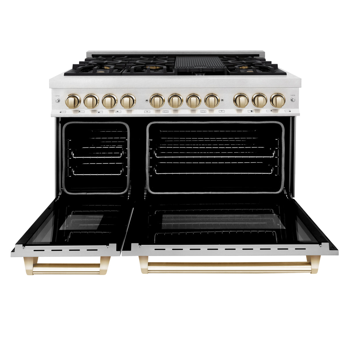 ZLINE Autograph Edition 48 in. 6.0 cu. ft. Legacy Dual Fuel Range with 7 Burner Gas Cooktop and 2 Electric Ovens in Satin Stainless Steel with White Matte Doors and Polished Gold Accents (RASZ-WM-48-G)