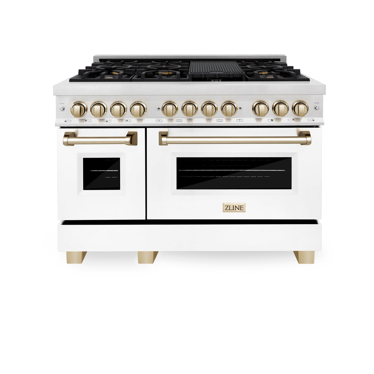 ZLINE Autograph Edition 48 in. 6.0 cu. ft. Legacy Dual Fuel Range with 7 Burner Gas Cooktop and 2 Electric Ovens in Satin Stainless Steel with White Matte Doors and Polished Gold Accents (RASZ-WM-48-G)