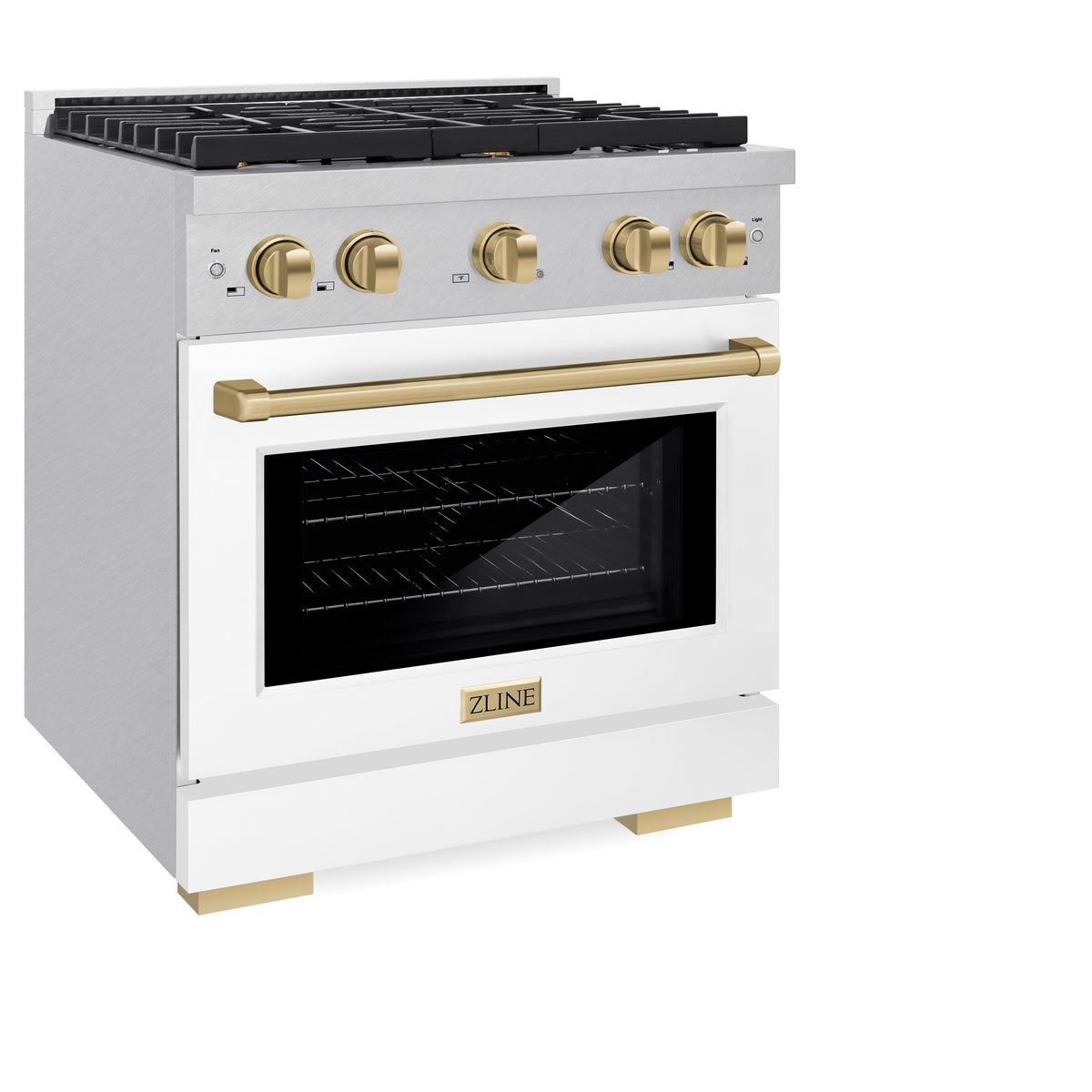 ZLINE Autograph Edition 30 in. 4.2 cu. ft. Paramount Dual Fuel Range with 4 Burner Gas Cooktop and Electric Convection Oven in Satin Stainless Steel with White Matte Door and Champagne Bronze Accents (SDRSZ-WM-30-CB)