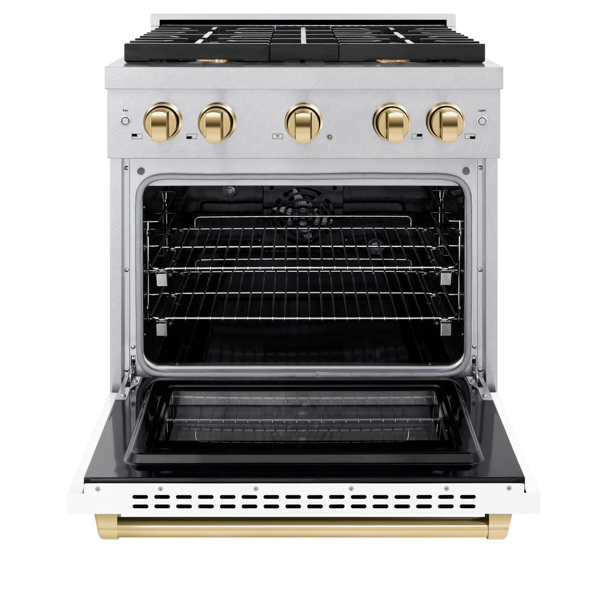 ZLINE Autograph Edition 30 in. 4.2 cu. ft. Paramount Dual Fuel Range with 4 Burner Gas Cooktop and Electric Convection Oven in Satin Stainless Steel with White Matte Door and Polished Gold Accents (SDRSZ-WM-30-G)