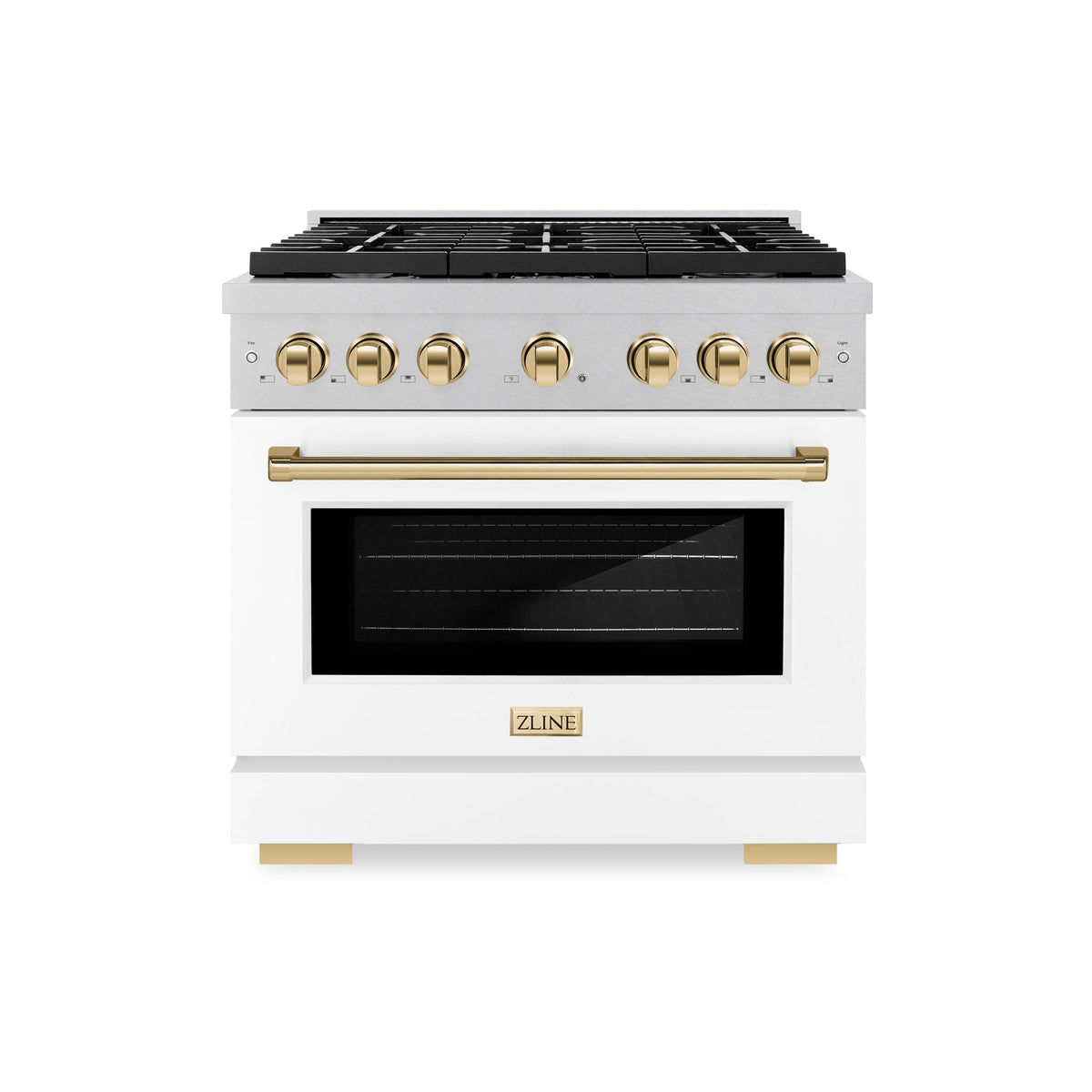 ZLINE Autograph Edition 36 in. 5.2 cu. ft. Paramount Dual Fuel Range with 6 Burner Gas Cooktop and Electric Convection Oven in Satin Stainless Steel with White Matte Door and Polished Gold Accents (SDRSZ-WM-36-G)