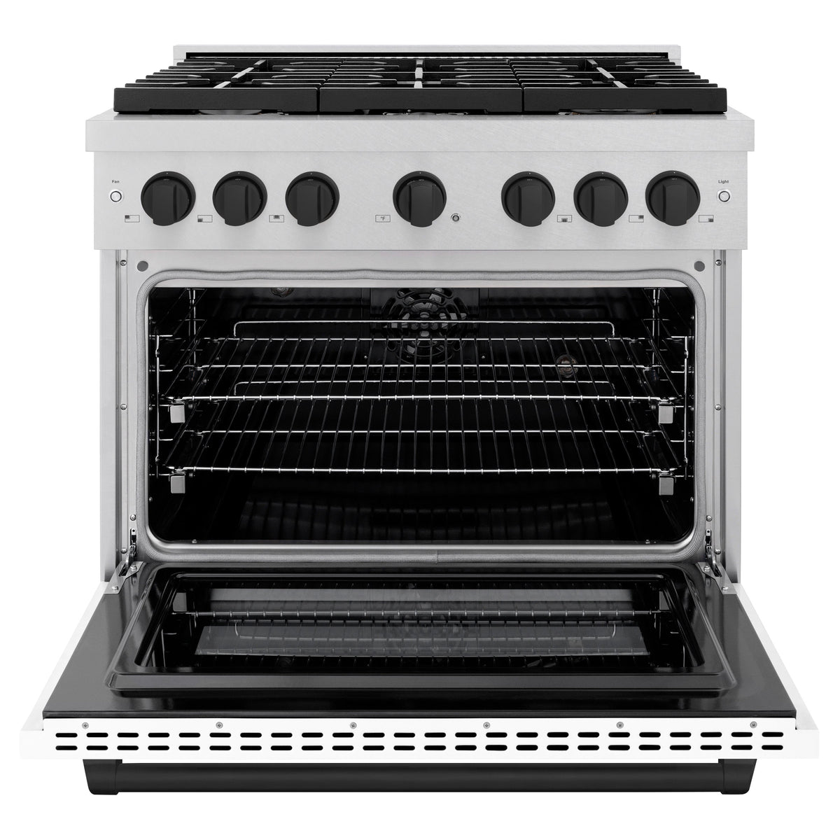 ZLINE Autograph Edition 36 in. 5.2 cu. ft. Paramount Dual Fuel Range with 6 Burner Gas Cooktop and Electric Convection Oven in Satin Stainless Steel with White Matte Door and Matte Black Accents (SDRSZ-WM-36-MB)