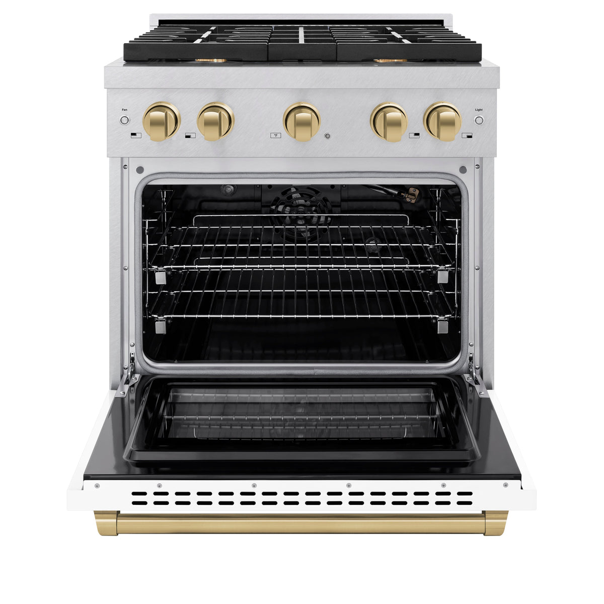ZLINE Autograph Edition 30 in. 4.2 cu. ft. Paramount Gas Range with 4 Burner Cooktop and Convection Gas Oven in Satin Stainless Steel with White Matte Door and Champagne Bronze Accents (SGRSZ-WM-30-CB)