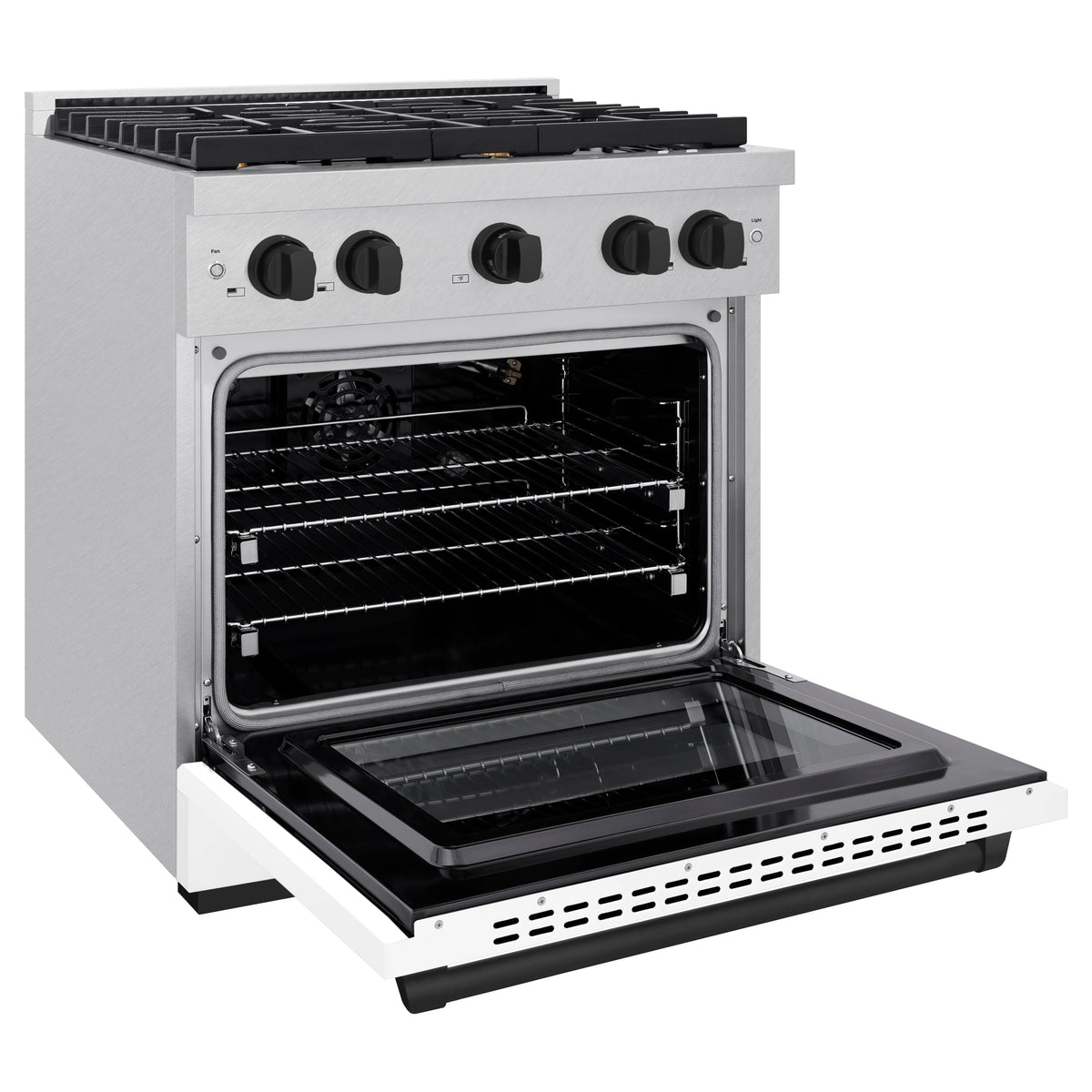 ZLINE Autograph Edition 30 in. 4.2 cu. ft. Paramount Gas Range with 4 Burner Cooktop and Convection Gas Oven in Satin Stainless Steel with White Matte Door and Matte Black Accents (SGRSZ-WM-30-MB)