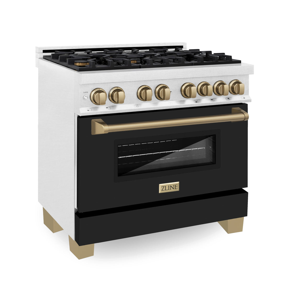 ZLINE Autograph Edition 36 in. 4.6 cu. ft. Legacy Dual Fuel Range with 6 Burner Gas Cooktop and Electric Convection Oven in Satin Stainless Steel with Black Matte Door and Champagne Bronze Accents (RASZ-BLM-36-CB)