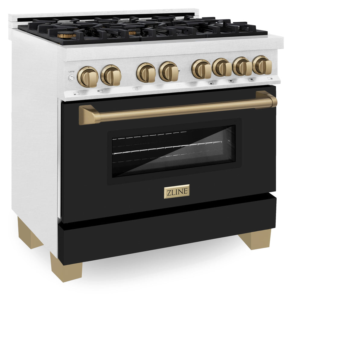 ZLINE Autograph Edition 36 in. 4.6 cu. ft. Legacy Dual Fuel Range with 6 Burner Gas Cooktop and Electric Convection Oven in Satin Stainless Steel with Black Matte Door and Polished Gold Accents (RASZ-BLM-36-G)