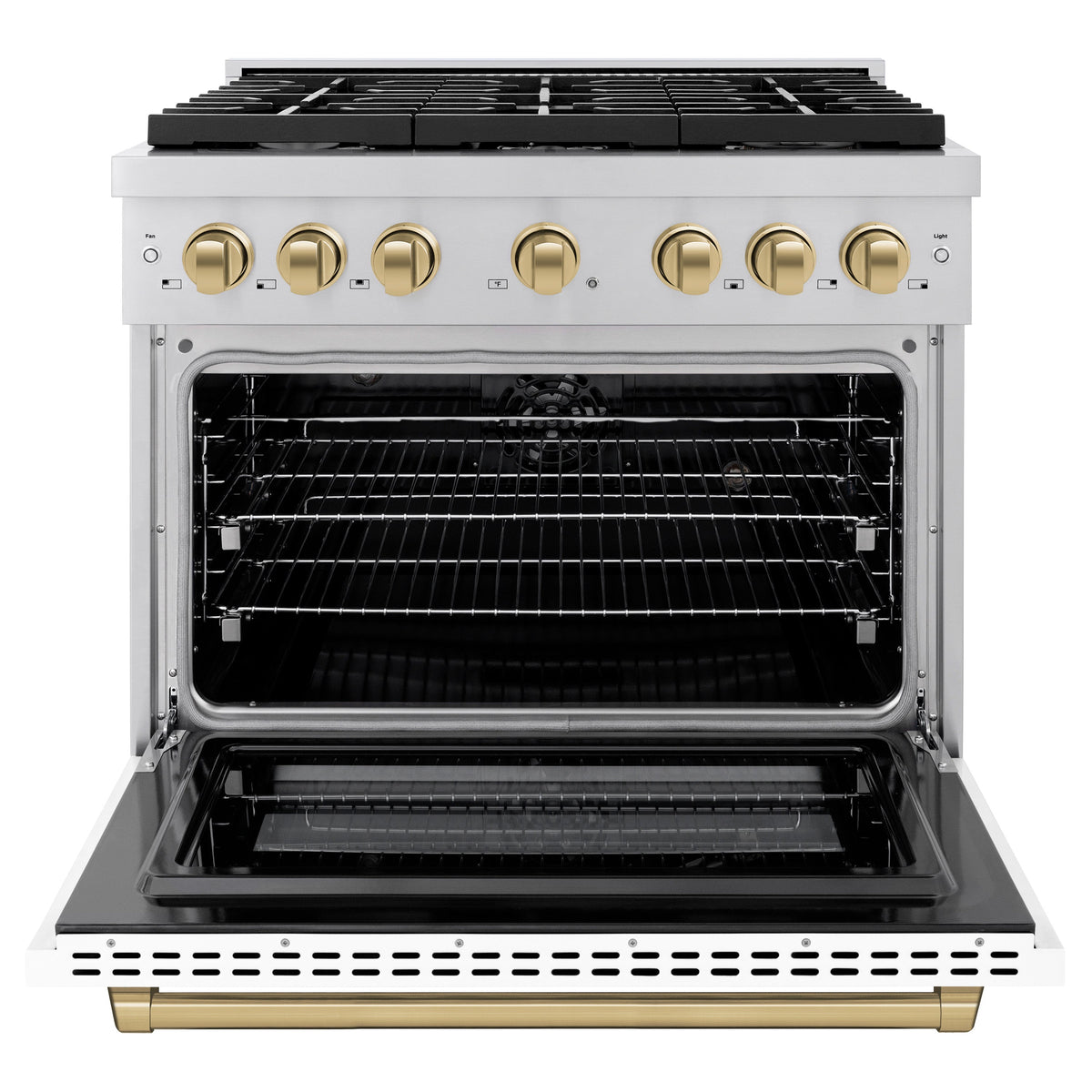 ZLINE Autograph Edition 36 in. 5.2 cu. ft. Paramount Dual Fuel Range with 6 Burner Gas Cooktop and Electric Convection Oven in Stainless Steel with White Matte Door and Champagne Bronze Accents (SDRZ-WM-36-CB)