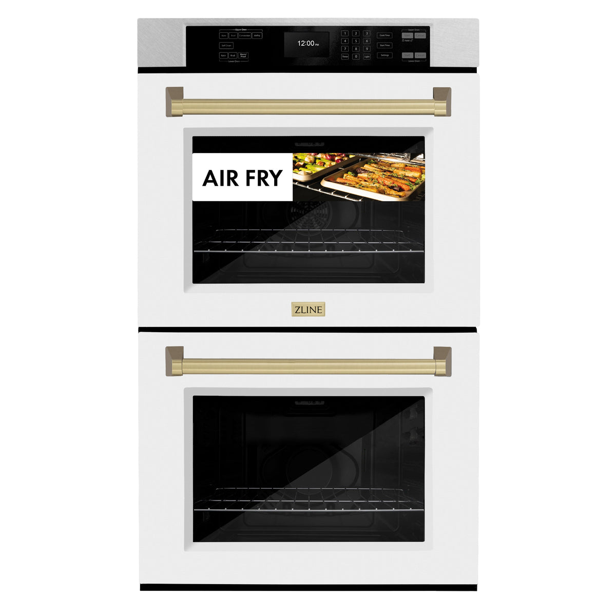 ZLINE 30 in. Autograph Edition Professional True Convection Double Wall Oven with Air Fry and Self Clean in Satin Stainless Steel with White Matte Doors and Champagne Bronze Handles (WADSZ-WM-30-CB)