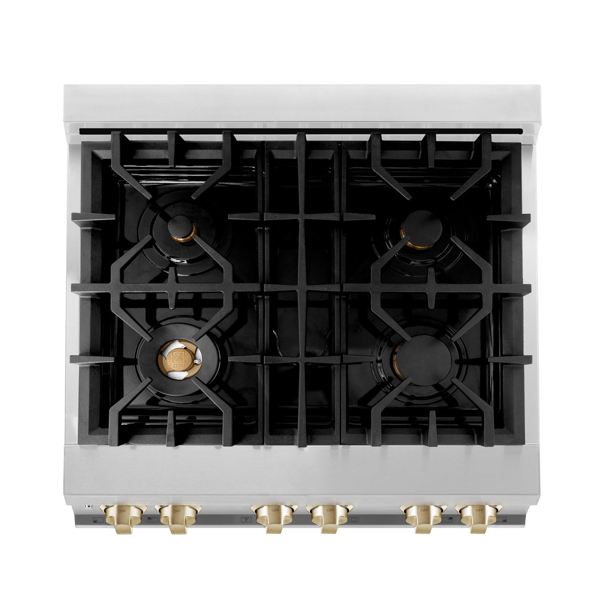 ZLINE Autograph Edition 30 in. 4.0 cu. ft. Legacy Dual Fuel Range with 4 Burner Gas Cooktop and Electric Convection Oven in Stainless Steel and Polished Gold Accents (RAZ-30-G)