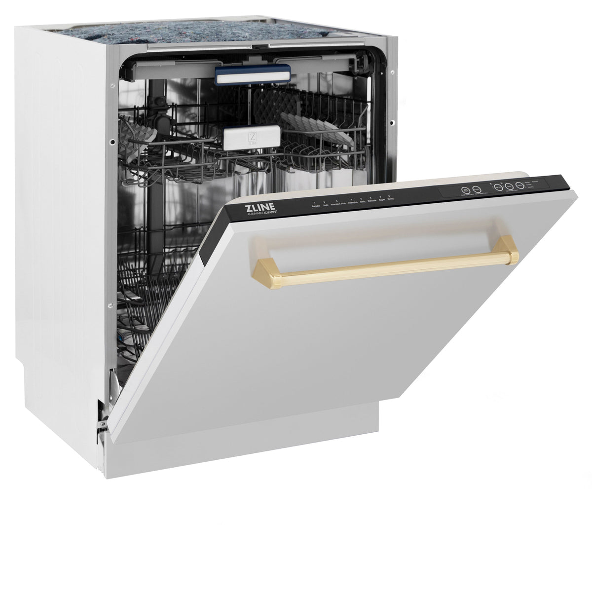ZLINE Autograph Edition 24" Tallac Series 3rd Rack Top Control Built-In Tall Tub Dishwasher in Stainless Steel with Polished Gold Handle, 51dBa (DWVZ-304-24-G)