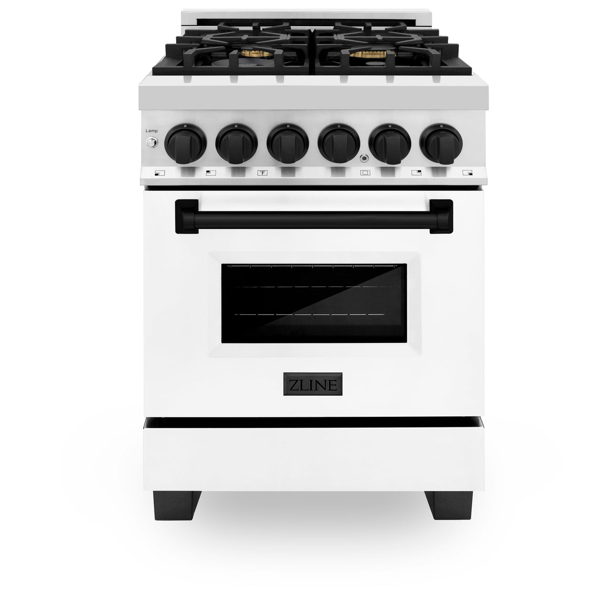 ZLINE Autograph Edition 24 in. 2.8 cu. ft. Legacy Dual Fuel Range with 4 Burner Gas Cooktop and Electric Convection Oven in Stainless Steel with White Matte Door and Matte Black Accents (RAZ-WM-24-MB)