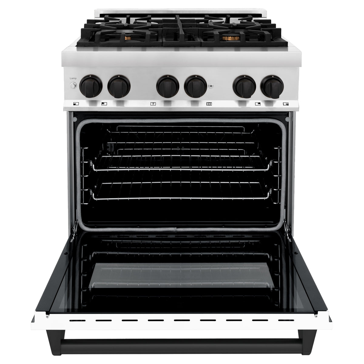 ZLINE Autograph Edition 30 in. 4.0 cu. ft. Legacy Dual Fuel Range with 4 Burner Gas Cooktop and Electric Convection Oven in Stainless Steel with White Matte Door and Matte Black Accents (RAZ-WM-30-MB)