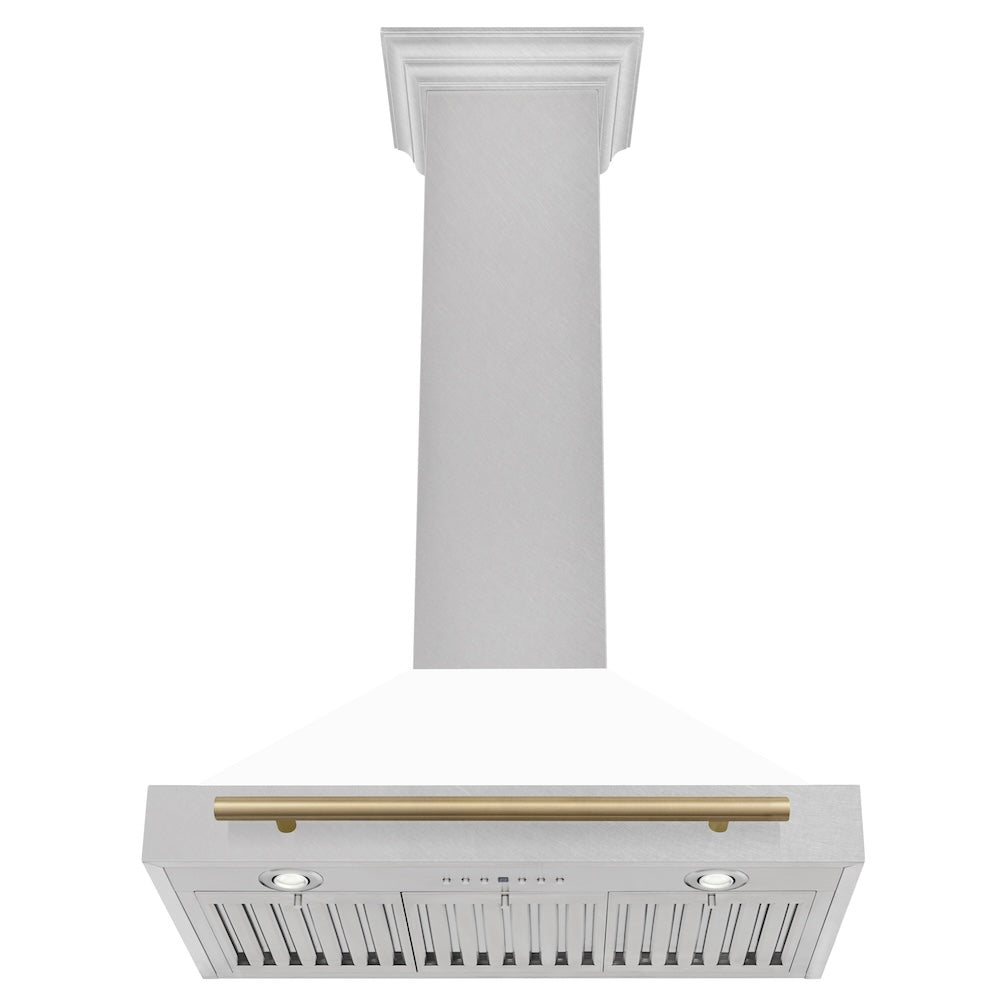 ZLINE 30 in. Autograph Edition Convertible Fingerprint Resistant DuraSnow® Stainless Steel Range Hood with White Matte Shell and Champagne Bronze Handle (KB4SNZ-WM30-CB)