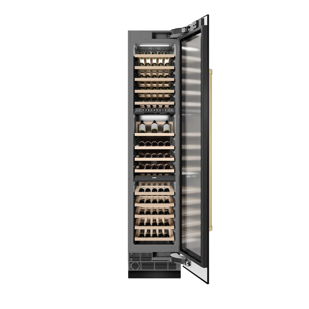 ZLINE Autograph Edition 18 in. 9.0 cu. ft. Triple Zone 68 Bottle Right Hinge Column Wine Cooler in Black Stainless Steel with Champagne Bronze Accents (RCWVRZ-BS-18-CB)