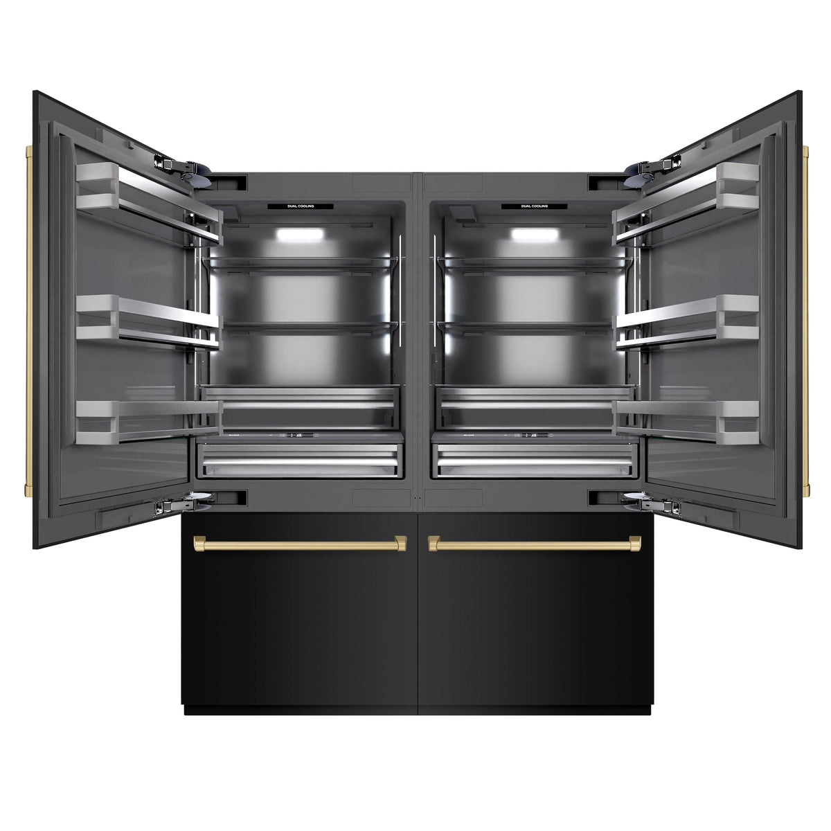 ZLINE Autograph Edition 72 in. 39.6 cu. ft. French Door Built-In Bottom Freezer Refrigerator with Water Dispensers and Ice Makers in Black Stainless Steel with Graphite Gray Interior and Champagne Bronze Accents (GRBITZ-BS-72-CB)