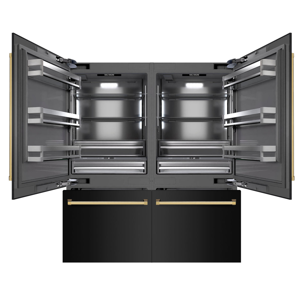 ZLINE Autograph Edition 72 in. 39.6 cu. ft. French Door Built-In Bottom Freezer Refrigerator with Water Dispensers and Ice Makers in Black Stainless Steel with Graphite Gray Interior and Polished Gold Accents (GRBITZ-BS-72-G)