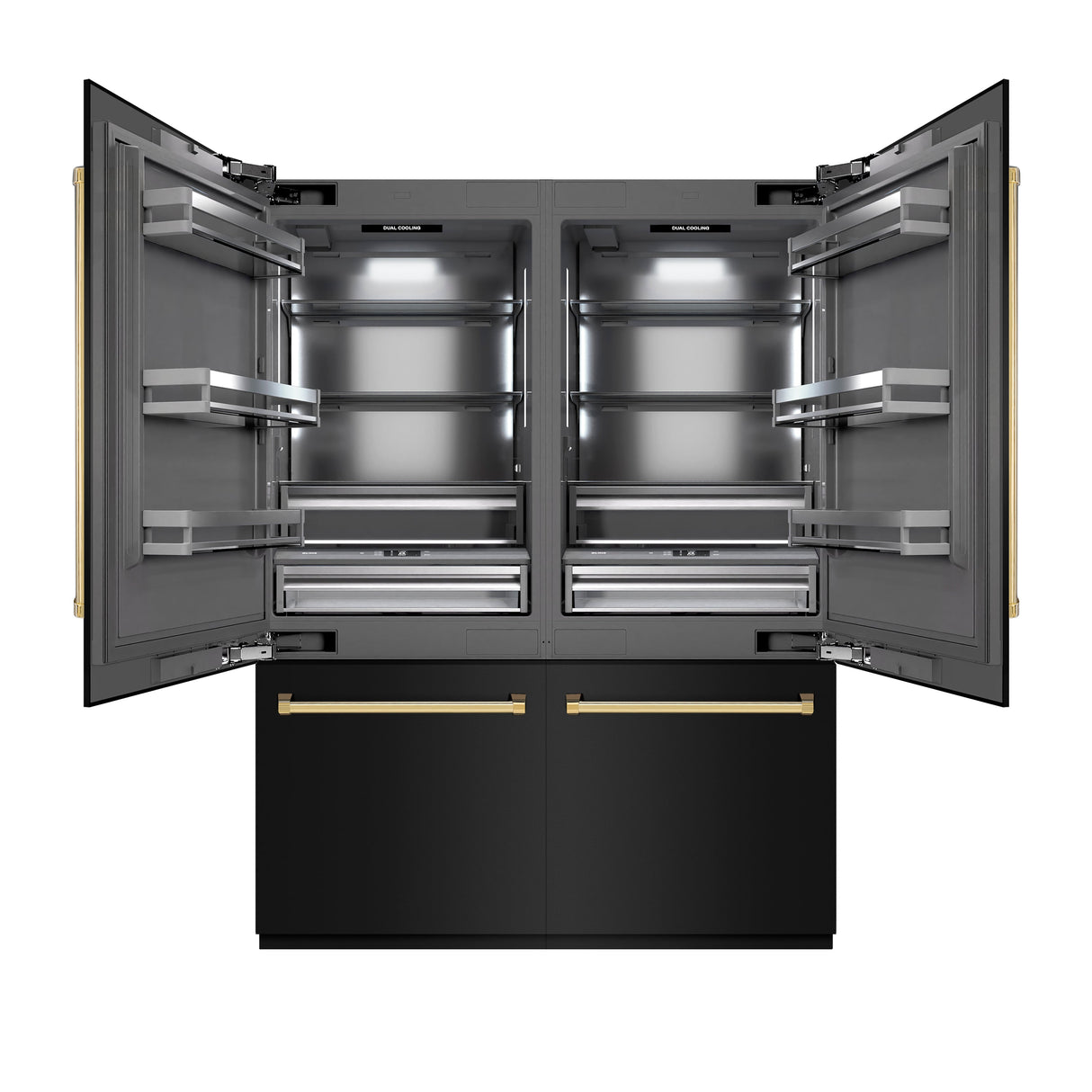 ZLINE Autograph Edition 60 in. 32.2 cu. ft. French Door Built-In Bottom Freezer Refrigerator with Water Dispenser and Ice Maker in Black Stainless Steel with Graphite Gray Interior and Polished Gold Accents (GRBIVZ-BS-60-G)