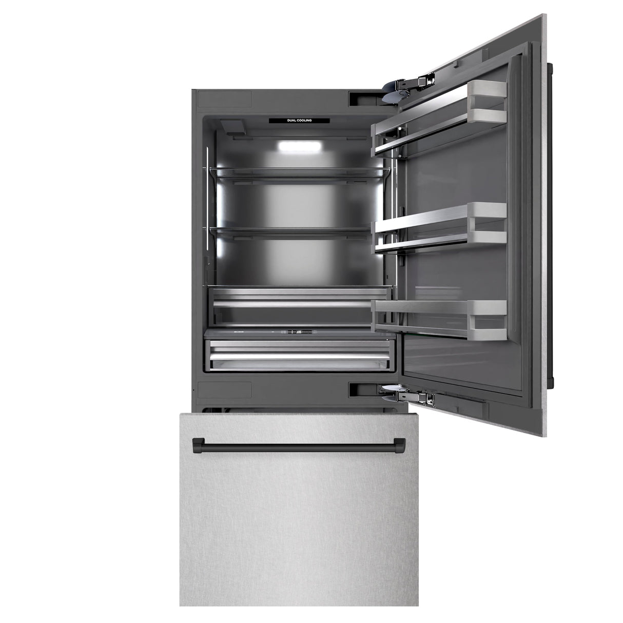 ZLINE Autograph Edition 36 in. 19.8 cu. ft. Built-In Bottom Freezer Refrigerator with Water Dispenser and Ice Maker in Satin Stainless Steel with Graphite Gray Interior and Matte Black Accents (GRBITZ-SN-36-MB)