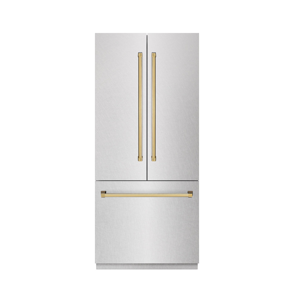 ZLINE Autograph Edition 36 in. 19.6 cu. ft. French Door Built-In Bottom Freezer Refrigerator with Water Dispenser and Ice Maker in Satin Stainless Steel with Graphite Gray Interior and Polished Gold Accents (GRBIVZ-SN-36-G)