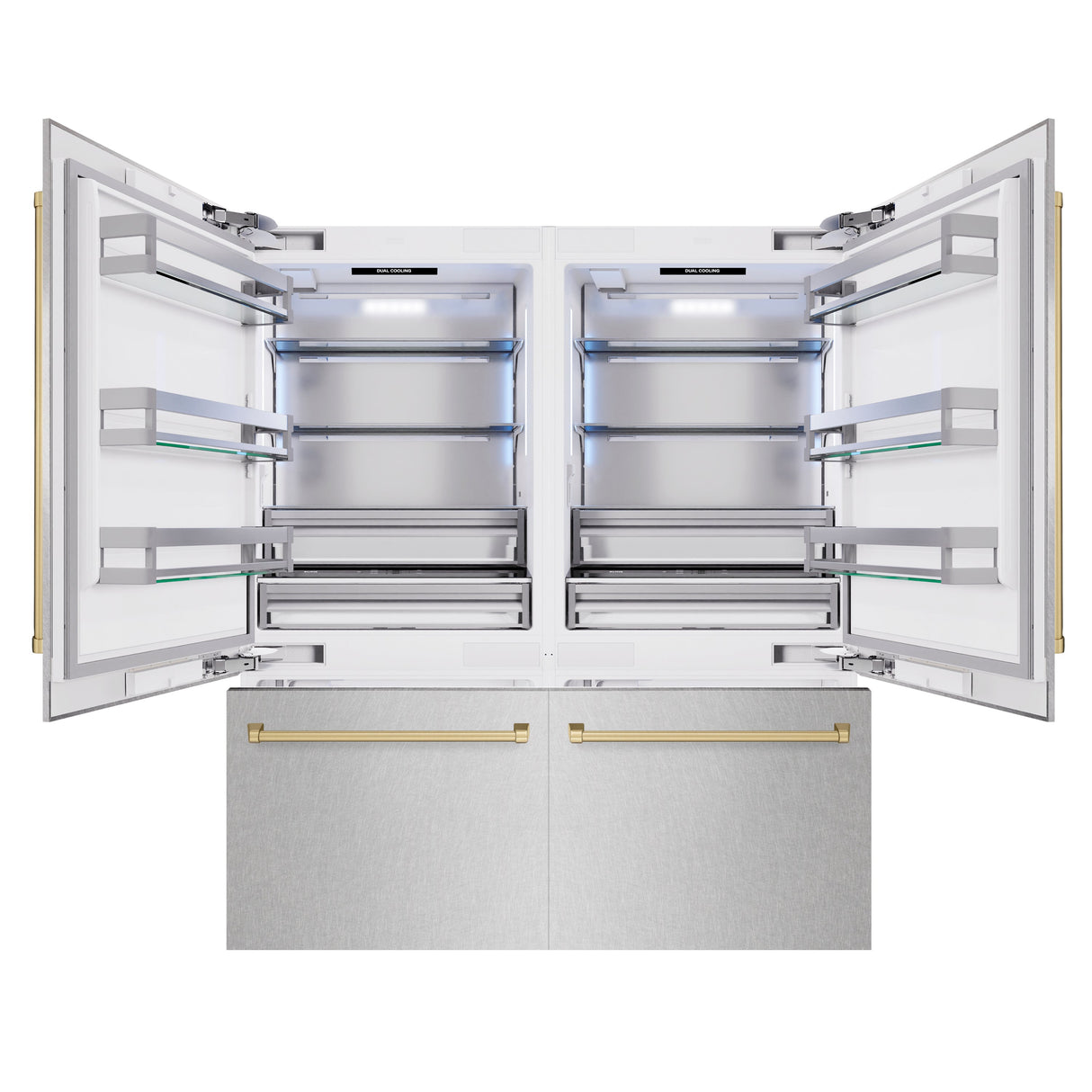 ZLINE Autograph Edition 72 in. 39.6 cu. ft. French Door Built-In Bottom Freezer Refrigerator with Water Dispensers and Ice Makers in Satin Stainless Steel and Champagne Bronze Accents (RBITZ-SN-72-CB)