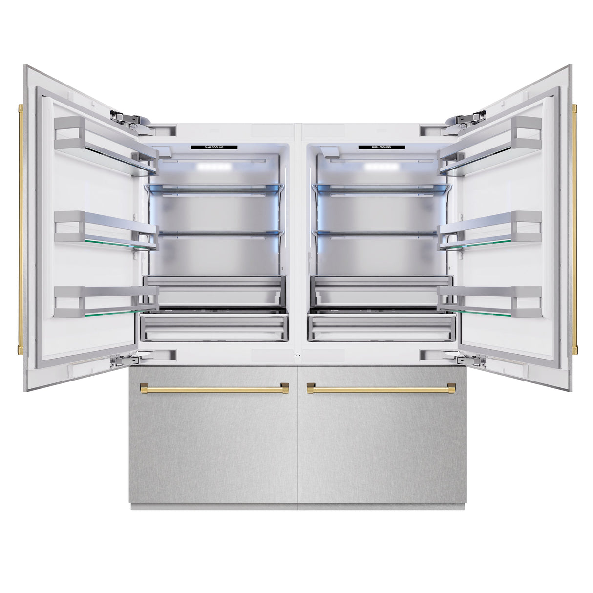 ZLINE Autograph Edition 72 in. 39.6 cu. ft. French Door Built-In Bottom Freezer Refrigerator with Water Dispensers and Ice Makers in Satin Stainless Steel and Polished Gold Accents (RBITZ-SN-72-G)