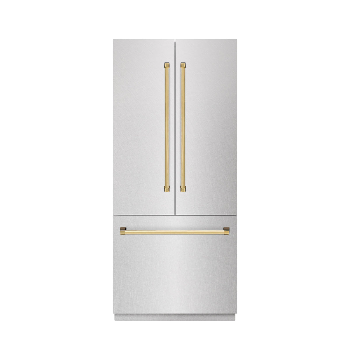ZLINE Autograph Edition 36 in. 19.6 cu. ft. French Door Built-In Bottom Freezer Refrigerator with Water Dispenser and Ice Maker in Satin Stainless Steel with Stainless Steel Interior and Polished Gold Accents (SRBIVZ-SN-36-G)