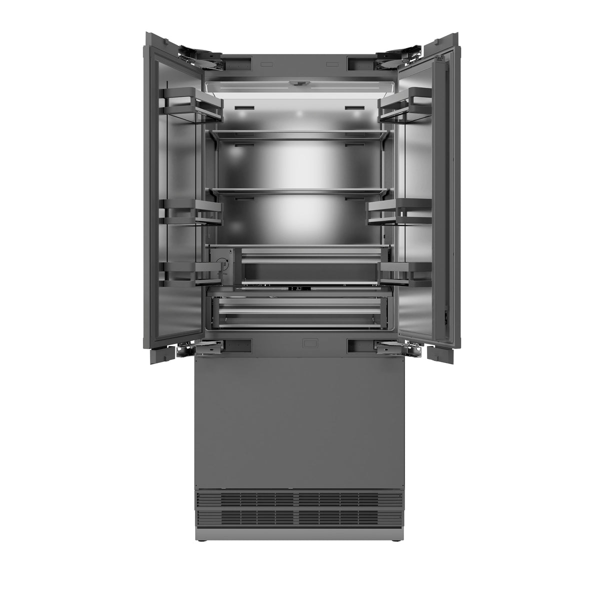ZLINE Autograph Edition 36 in. 19.6 cu. ft. Panel Ready French Door Built-In Bottom Freezer Refrigerator with Water Dispenser and Ice Maker with Stainless Steel Interior and Champagne Bronze Accents (SRBIVZ-36-CB)