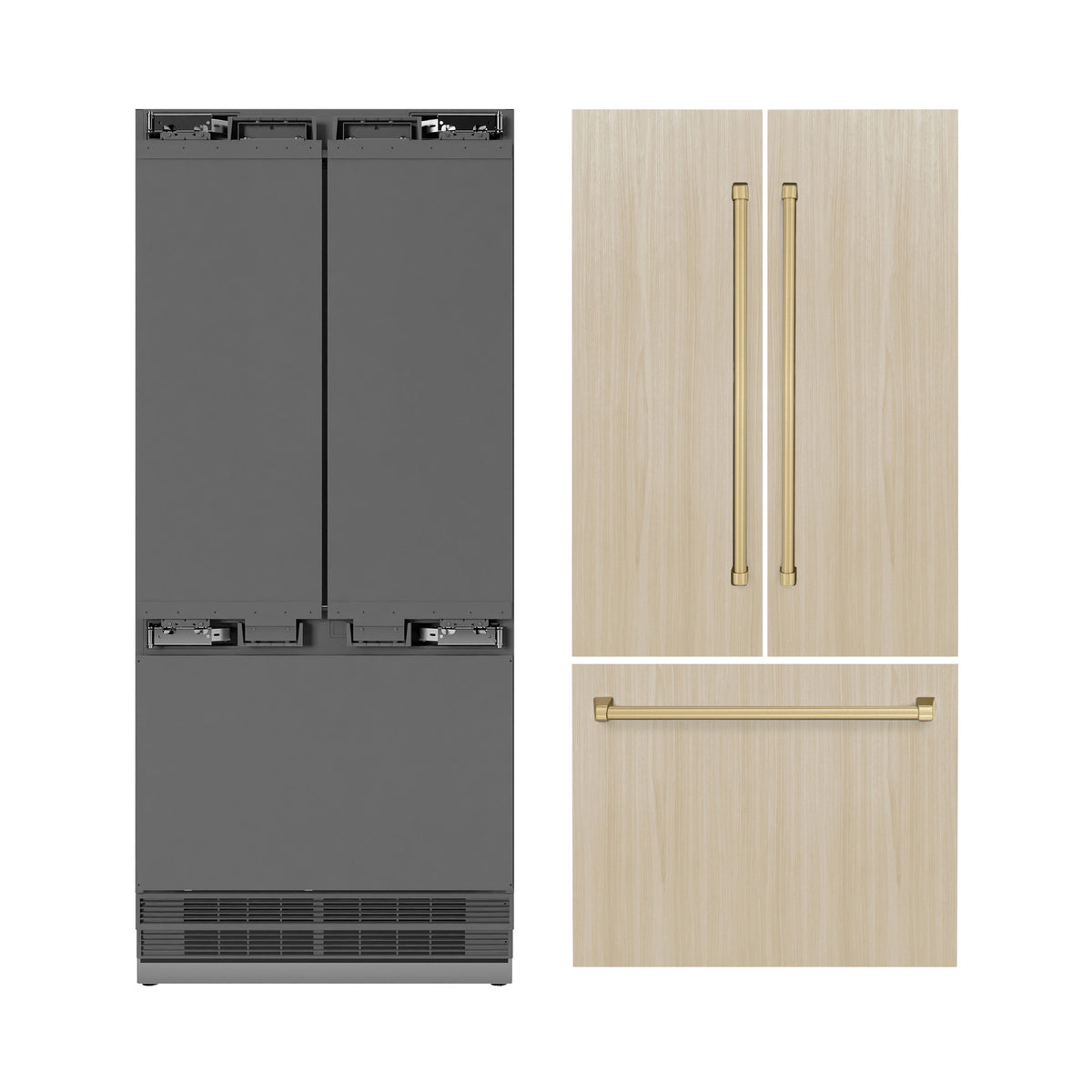 ZLINE Autograph Edition 36 in. 19.6 cu. ft. Panel Ready French Door Built-In Bottom Freezer Refrigerator with Water Dispenser and Ice Maker with Stainless Steel Interior and Champagne Bronze Accents (SRBIVZ-36-CB)