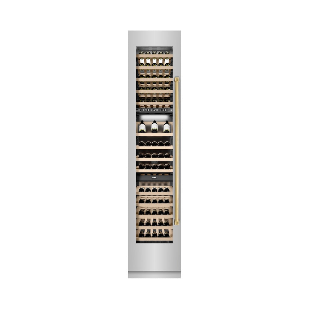 ZLINE Autograph Edition 18 in. 9.0 cu. ft. Triple Zone 68 Bottle Left Hinge Column Wine Cooler in Stainless Steel with Polished Gold Accents (RCWVLZ-30418-G)