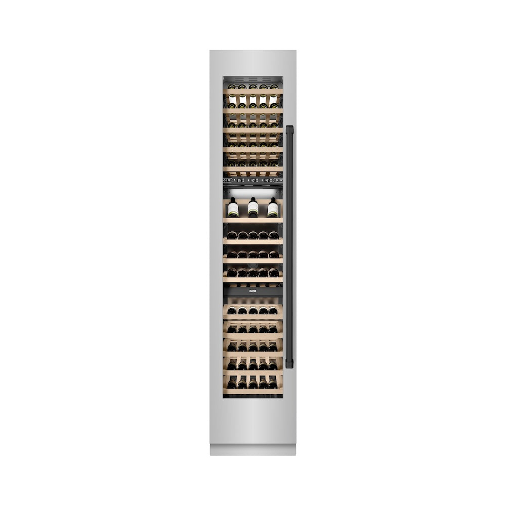 ZLINE Autograph Edition 18 in. 9.0 cu. ft. Triple Zone 68 Bottle Left Hinge Column Wine Cooler in Stainless Steel with Matte Black Accents (RCWVLZ-30418-MB)