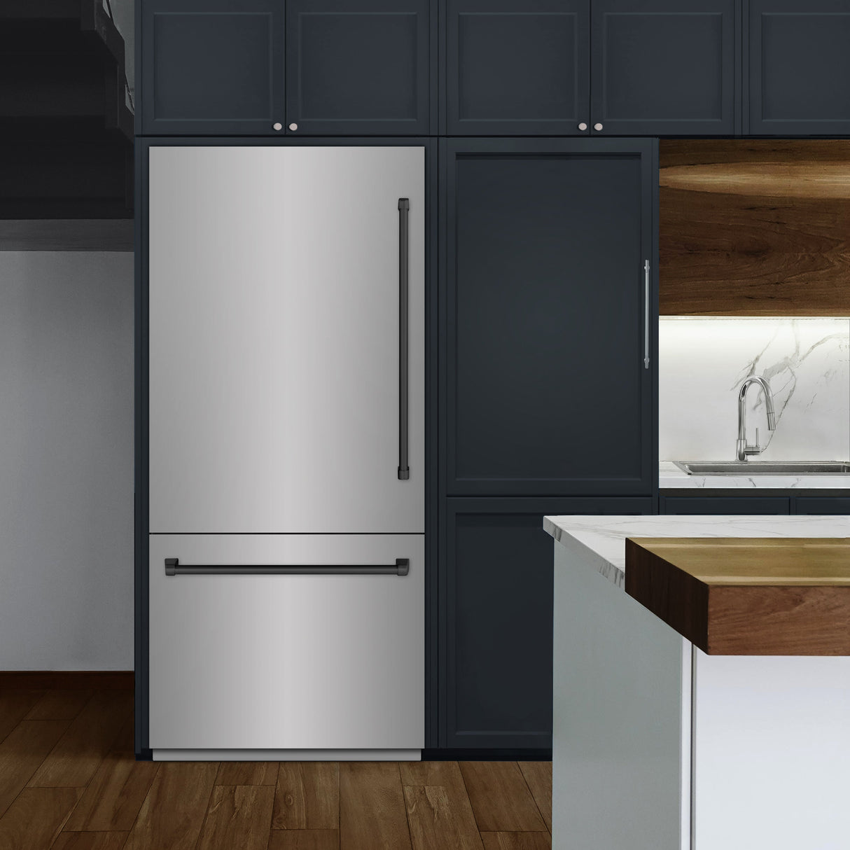 ZLINE Autograph Edition 36 in. 19.8 cu. ft. Built-In Bottom Freezer Refrigerator with Water Dispenser and Ice Maker in Stainless Steel with Graphite Gray Interior and Matte Black Accents (GRBITZ-304-36MB)