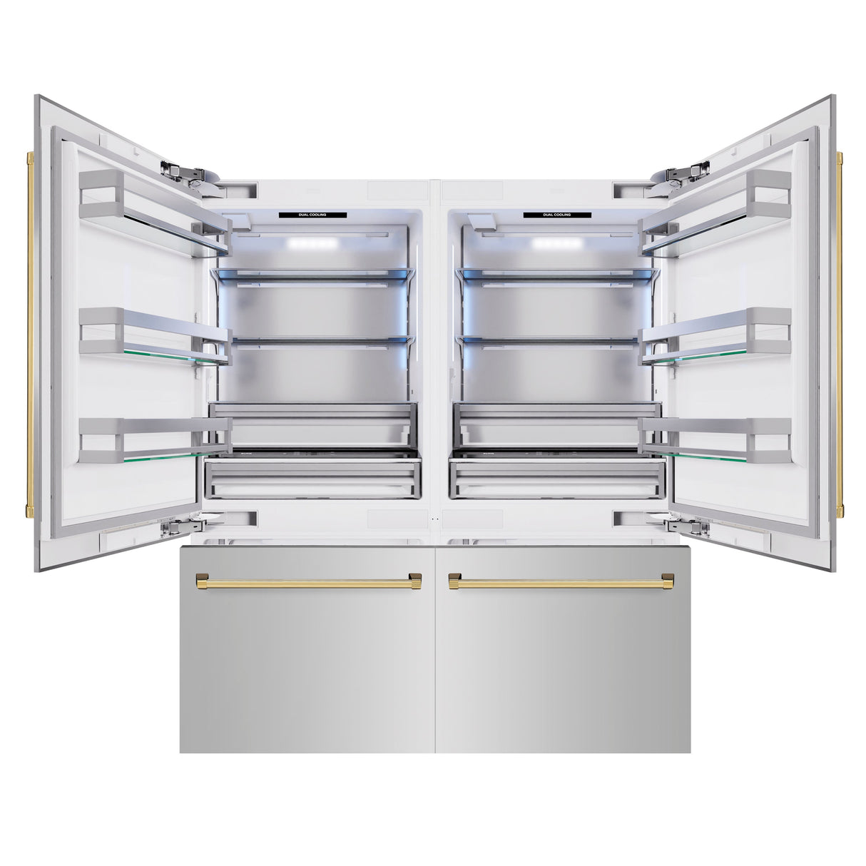 ZLINE Autograph Edition 72 in. 39.6 cu. ft. French Door Built-In Bottom Freezer Refrigerator with Water Dispensers and Ice Makers in Stainless Steel with Polished Gold Accents (RBITZ-304-72G)